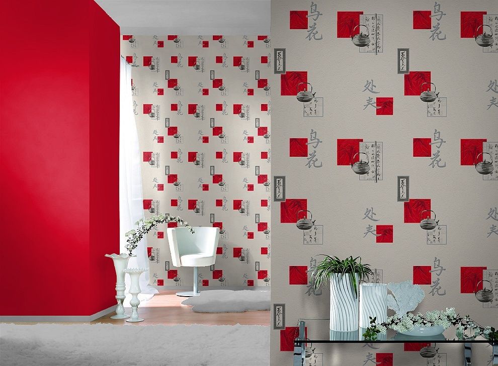 Oriental Chinese Vinyl Wallpaper Kitchen Textured Washable White Red